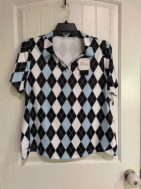 Pinspark XL UPF50+ vneck blue design golf shirt NWT